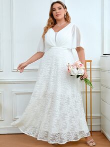 SHEIN Belle Vestido de novia panel con malla fruncido de manga mariposa con encaje - Blanco - Ver 6