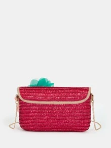 Contrast Binding Flap Chain Straw Bag - Hot Pink - View 7