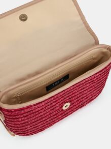 Contrast Binding Flap Chain Straw Bag - Hot Pink - View 9