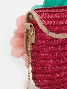 Contrast Binding Flap Chain Straw Bag - Hot Pink - View 10