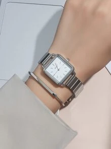 2件方形钢带手表+手链套装，适合日常搭配，生日，女士礼物，周年纪念，年终促销，光棍节，万圣节促销，无礼盒 - 銀色 - 查看 1