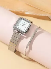 2件方形钢带手表+手链套装，适合日常搭配，生日，女士礼物，周年纪念，年终促销，光棍节，万圣节促销，无礼盒 - 銀色 - 查看 2