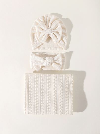 3入組嬰兒帽和髮箍和繈褓毯套裝