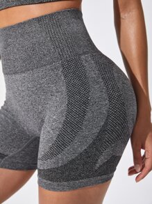 Yoga Basic 2 piezas Traje de yoga fitness inconsútil de secado rápido Conjunto outfits de gimnasio manga corta Top shorts de cintura ancha - Gris - Ver 5