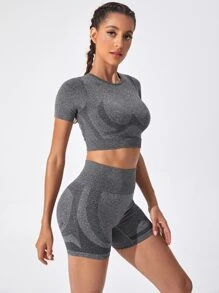 Yoga Basic 2 piezas Traje de yoga fitness inconsútil de secado rápido Conjunto outfits de gimnasio manga corta Top shorts de cintura ancha - Gris - Ver 7