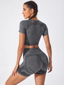 Yoga Basic 2 piezas Traje de yoga fitness inconsútil de secado rápido Conjunto outfits de gimnasio manga corta Top shorts de cintura ancha - Gris - Ver 8