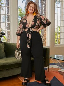 SHEIN CURVE+ Plus High Waist Straight Leg Pants - Black - View 2