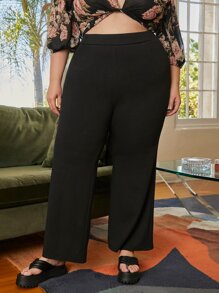 SHEIN CURVE+ Plus High Waist Straight Leg Pants - Black - View 4