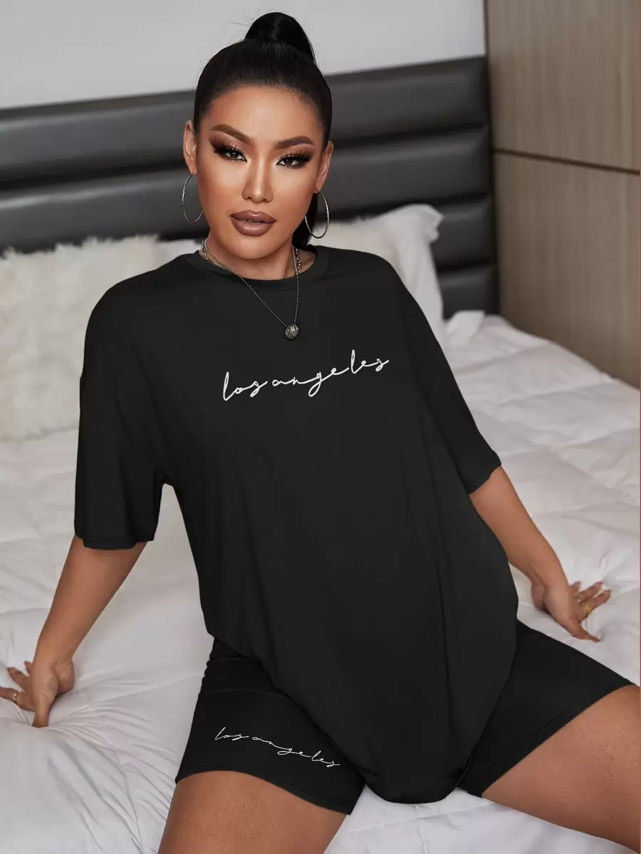 SHEIN Unity Bộ đồ hai mảnh nữ Lá thư Giải trí - màu đen - Xem 1