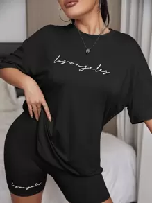 SHEIN Unity Bộ đồ hai mảnh nữ Lá thư Giải trí - màu đen - Xem 3