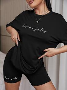 SHEIN Unity Bộ đồ hai mảnh nữ Lá thư Giải trí - màu đen - Xem 4