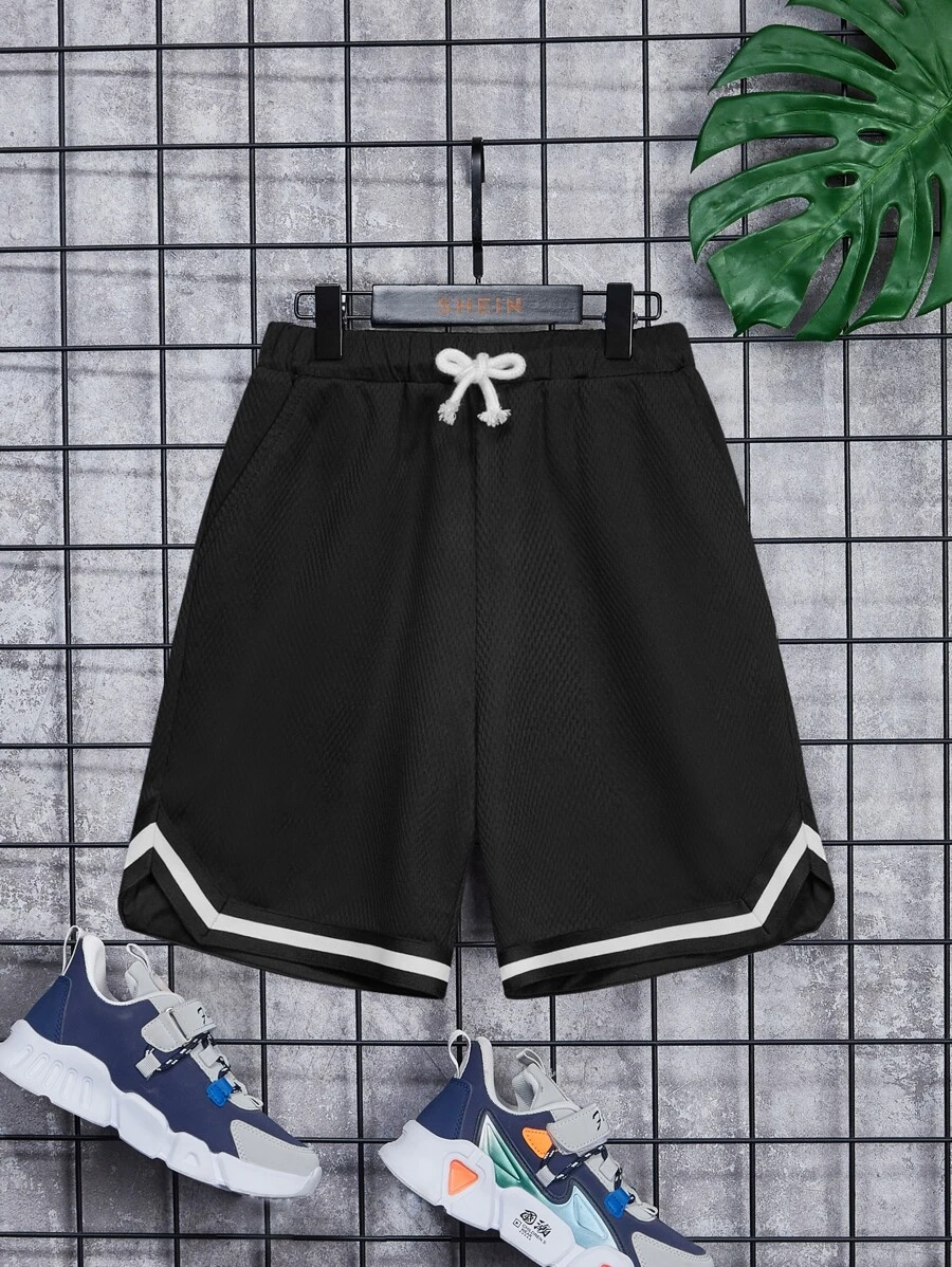 SHEIN Tween Boy Striped Waistband Drawstring Waist Sports Shorts, Summer