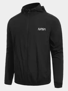 Manfinity Running 男友风男式字母图案拉链抽绳连帽运动夹克健身上衣 - 黑色 - 查看 1