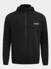 Manfinity Running 男友风男式字母图案拉链抽绳连帽运动夹克健身上衣 - 黑色 - 查看 5