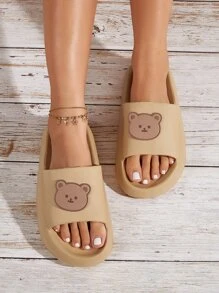 熊卡通贴花拖鞋，时尚卡通图案女士拖鞋，舒适 EVA 室内外女士拖鞋 - 卡其色 - 查看 4