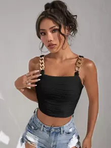 SHEIN BAE Chain Detail Textured Crop Cami Top - màu đen - Xem 5