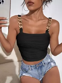 SHEIN BAE Chain Detail Textured Crop Cami Top - màu đen - Xem 6
