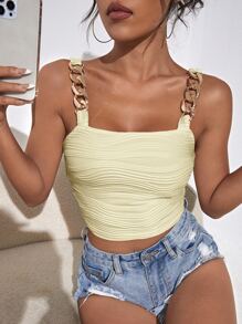 SHEIN BAE Chain Detail Textured Crop Cami Top - Beige - View 6