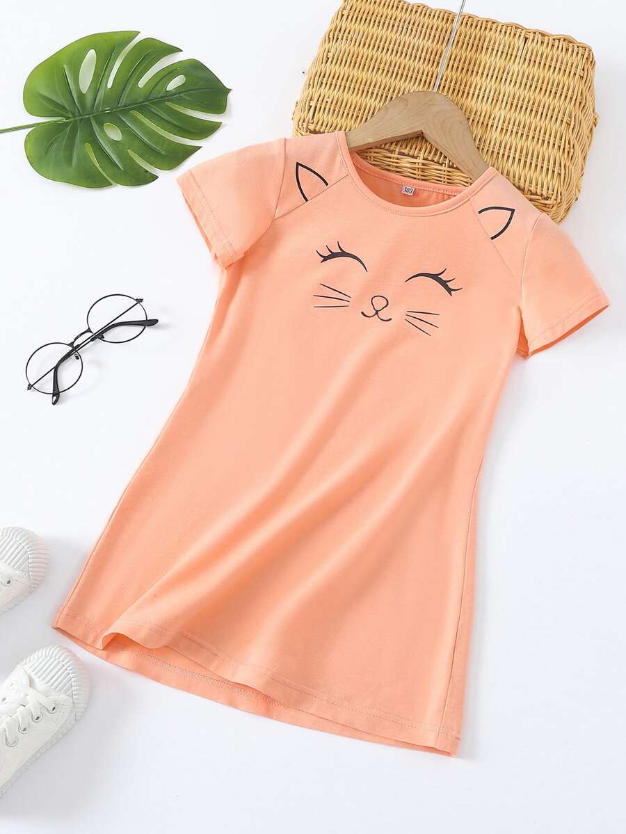 小女童貓印花T恤連衣裙 - 珊瑚粉 - 查看 1