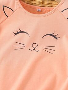 小女童貓印花T恤連衣裙 - 珊瑚粉 - 查看 5