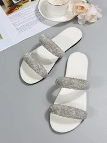 Phụ nữ trang trí rhinestone trang trí đôi ban nhạc mở ngón chân trượt dép, quyến rũ ngoài trời phẳng phẳng - trắng - Xem 3