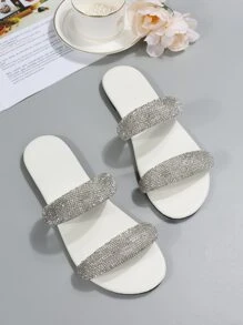 Phụ nữ trang trí rhinestone trang trí đôi ban nhạc mở ngón chân trượt dép, quyến rũ ngoài trời phẳng phẳng - trắng - Xem 4