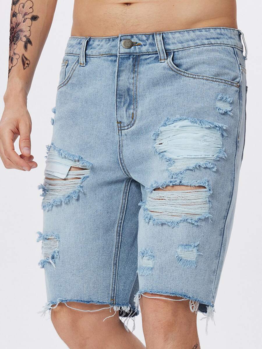 Manfinity Hombres Shorts mezclilla desgarro bajo crudo - Lavado ligero - Ver 1