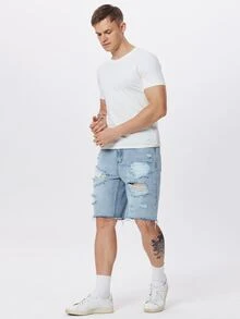 Manfinity Hombres Shorts mezclilla desgarro bajo crudo - Lavado ligero - Ver 4