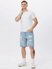 Manfinity Hombres Shorts mezclilla desgarro bajo crudo - Lavado ligero - Ver 5