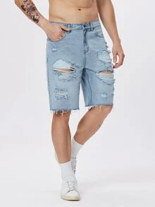 Manfinity Hombres Shorts mezclilla desgarro bajo crudo - Lavado ligero - Ver 7