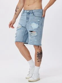 Manfinity Hombres Shorts mezclilla desgarro bajo crudo - Lavado ligero - Ver 8