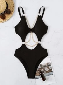 SHEIN Swim Summer Beach O-Ring Cut Out Chain Detail One Piece Swimsuit - Black - View 6