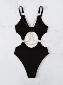 SHEIN Swim Summer Beach O-Ring Cut Out Chain Detail One Piece Swimsuit - Black - View 2