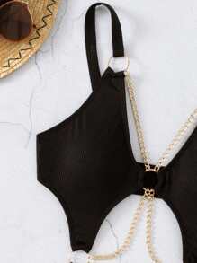 SHEIN Swim Summer Beach O-Ring Cut Out Chain Detail One Piece Swimsuit - Black - View 3