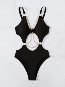 SHEIN Swim Summer Beach O-Ring Cut Out Chain Detail One Piece Swimsuit - Black - View 4
