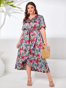SHEIN Unity Đầm Plus Size Thắt lưng Thắt nút Chia Trọn gói Hoa Tất cả trên in Boho - Nhiều màu - Xem 1