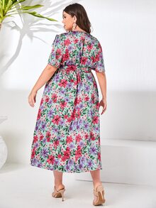 SHEIN Unity Đầm Plus Size Thắt lưng Thắt nút Chia Trọn gói Hoa Tất cả trên in Boho - Nhiều màu - Xem 2