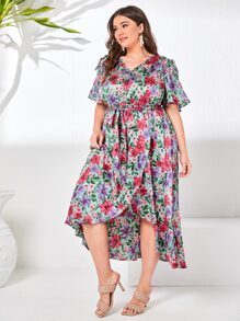SHEIN Unity Đầm Plus Size Thắt lưng Thắt nút Chia Trọn gói Hoa Tất cả trên in Boho - Nhiều màu - Xem 3