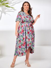 SHEIN Unity Đầm Plus Size Thắt lưng Thắt nút Chia Trọn gói Hoa Tất cả trên in Boho - Nhiều màu - Xem 5