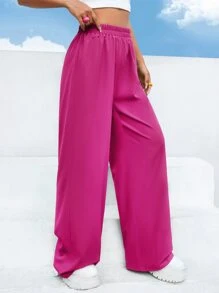 SHEIN EZwear 高腰素色闊腿褲 - 玫紅色 - 查看 1