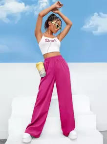 SHEIN EZwear 高腰素色闊腿褲 - 玫紅色 - 查看 3
