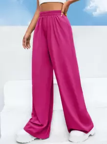 SHEIN EZwear 高腰素色闊腿褲 - 玫紅色 - 查看 5