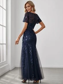 EVERPRETTY Váy dự tiệc lưới đính sequin trang trọng thanh lịch cho tiệc cưới, tiệc tốt nghiệp, tiệc tối - Màu xanh hải quân - Xem 2