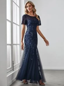 EVERPRETTY Váy dự tiệc lưới đính sequin trang trọng thanh lịch cho tiệc cưới, tiệc tốt nghiệp, tiệc tối - Màu xanh hải quân - Xem 3