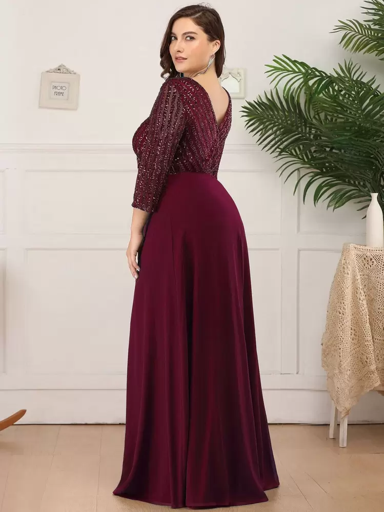 Vestido de fiesta con cuello en V con lentejuelas, cintura alta, contraste de color de gasa, vestido de fiesta, vestido de invitada de boda, vestido de gala, madre de la novia, vestidos glamorosos de San Valentín, primavera elegante - Granate - Añade 4