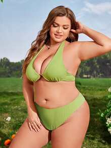 Plus Size Halter Push Up High Waist Bikini Set Summer Beach - Olive Green - View 3
