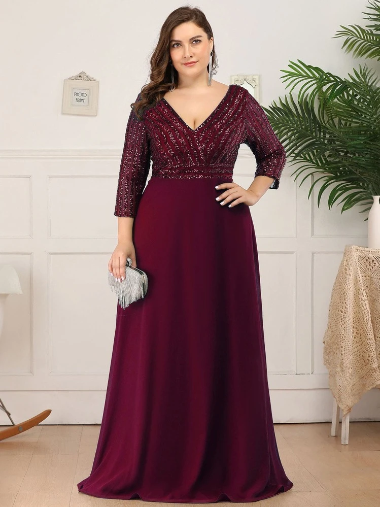 Vestido de fiesta con cuello en V con lentejuelas, cintura alta, contraste de color de gasa, vestido de fiesta, vestido de invitada de boda, vestido de gala, madre de la novia, vestidos glamorosos de San Valentín, primavera elegante - Granate - Añade 6