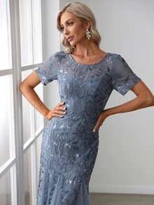 EVERPRETTY 亮片樹葉網紗覆蓋魚尾裙下擺正式連衣裙 - 霧霾藍 - 查看 5