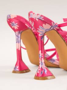 Women Floral Pattern Tie Leg Design Pyramid High Heeled Sandals, Vacation Summer Outdoor Lace Up Thong Sandals - Hot Pink - View 2
