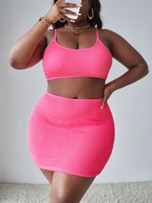 大碼3入組霓虹粉紅色紋理高腰比基尼套裝，夏季沙灘必備